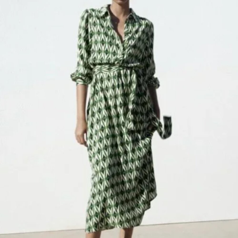 NWOT Zara Geometric Print Tie-Waist Midi Shirt Dress